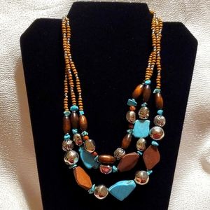 Chunky 3 Layers Natural Wood Beads Multi Strands NWT